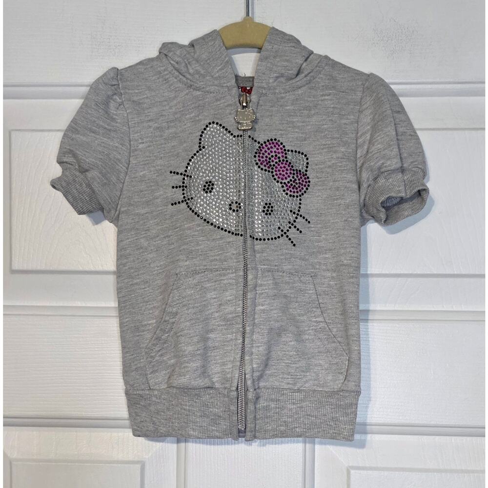 Hello Kitty Girl's Zip Up Jacket Shirt Hoodie Short Sleeve‎ Grey 3T bedazzled
